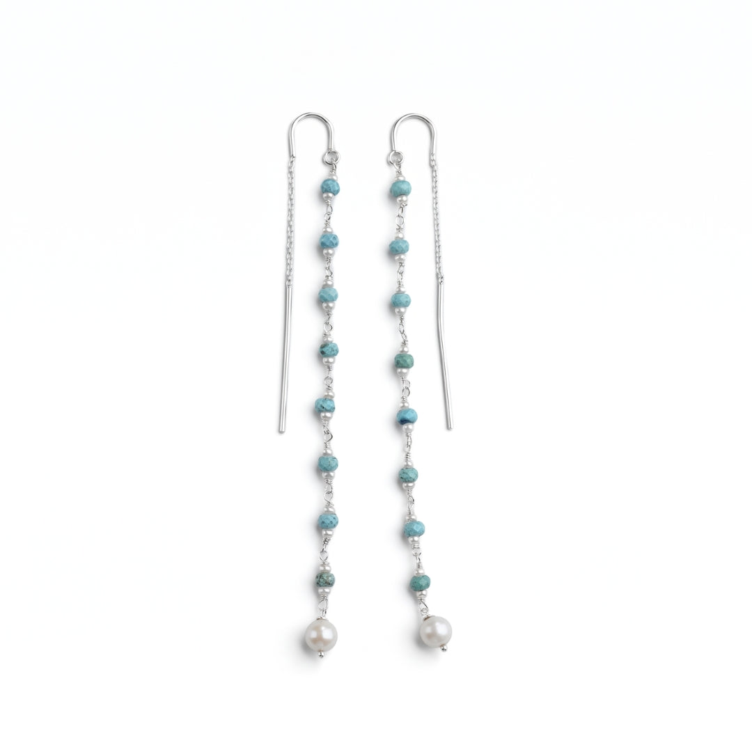Turquoise & Pearl Ganthan Sui Dhaga Earrings (Project Handmade)