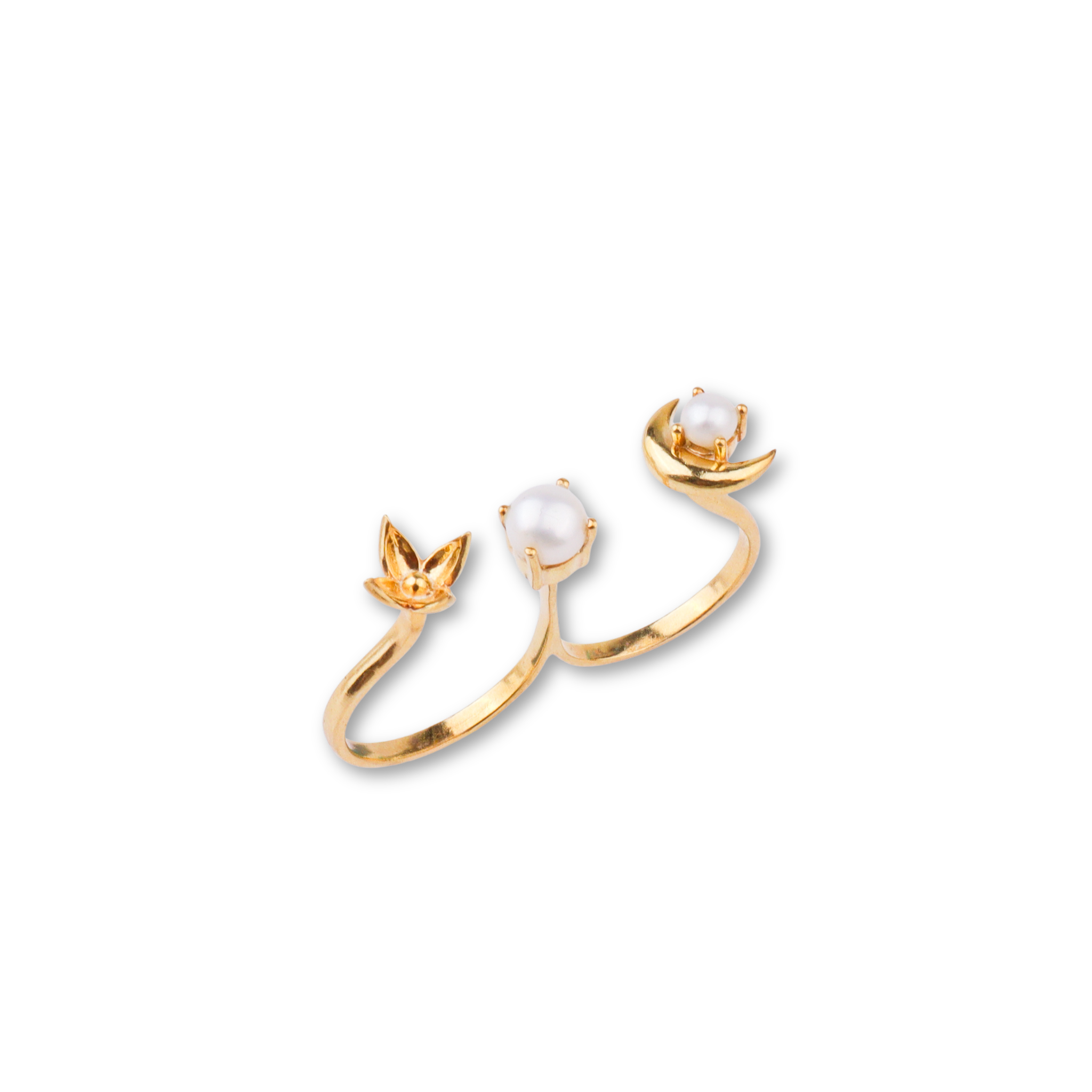 Pearl Moonflower Two-Finger Ring | 22K Gold-Plated