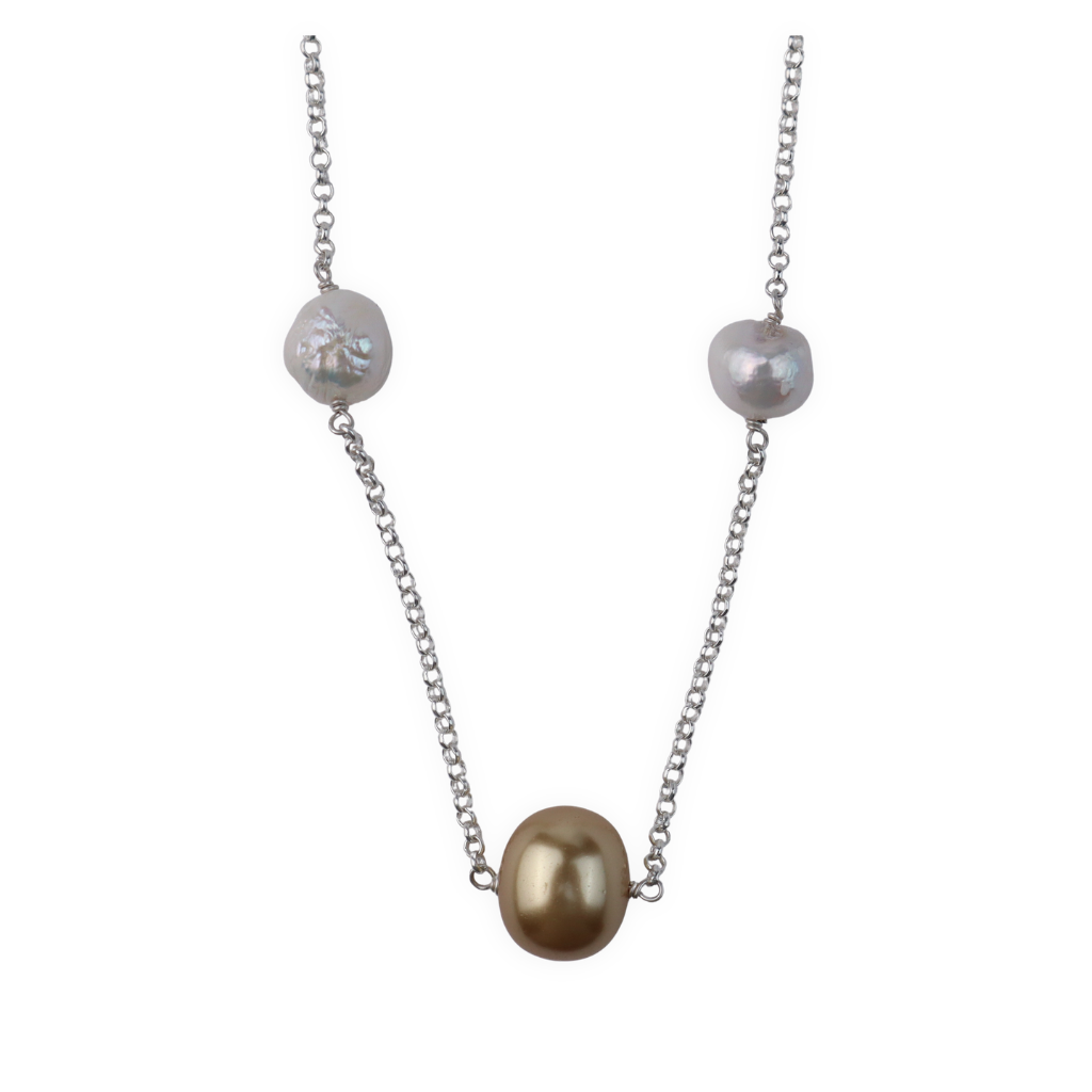 Pearl Line Necklace with Fresh Water Pearls & Golden Pearls