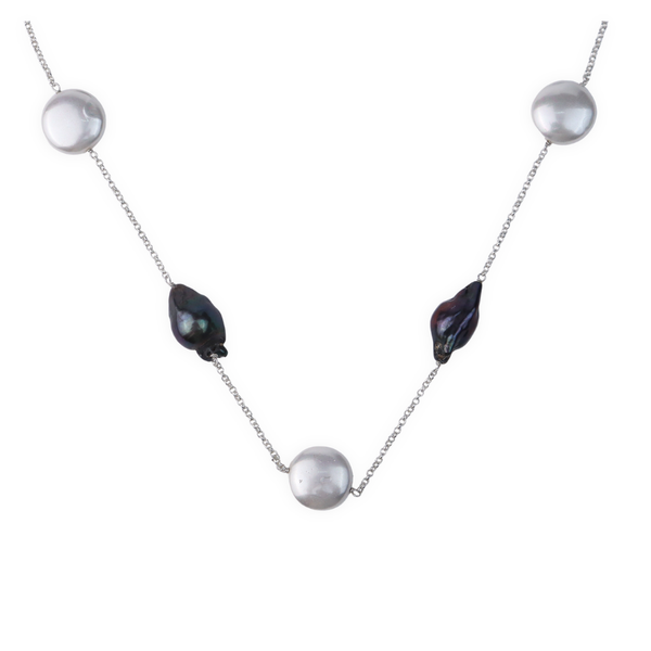 Sterling silver necklace with baroque and coin pearls