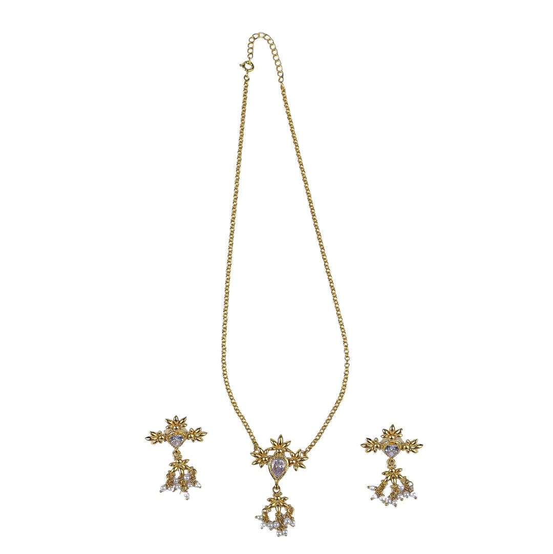 Silver Cz flower tanmani set with pearls | 92.5 Silver | 22K Gold Plated