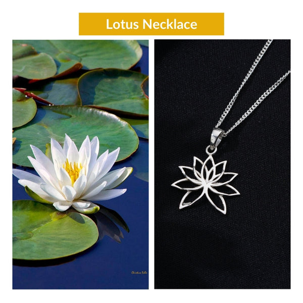 Lotus flower silver charm necklace detailing