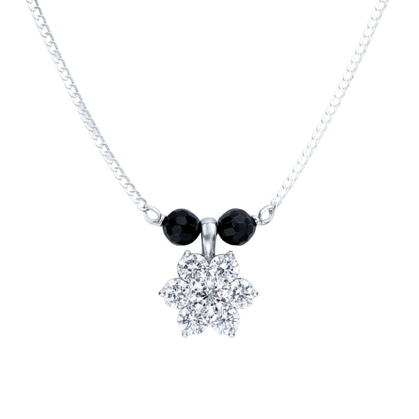 Silver chain mangalsutra with black beads and floral CZ pendant