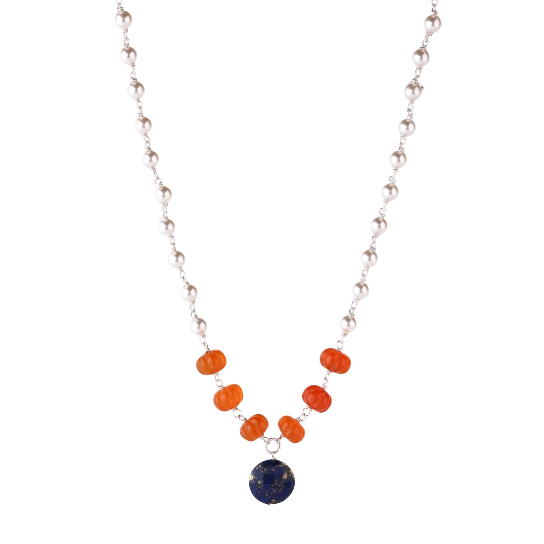 Silver pearl lapis necklace with carnelian stone in 92.5 sterling silver