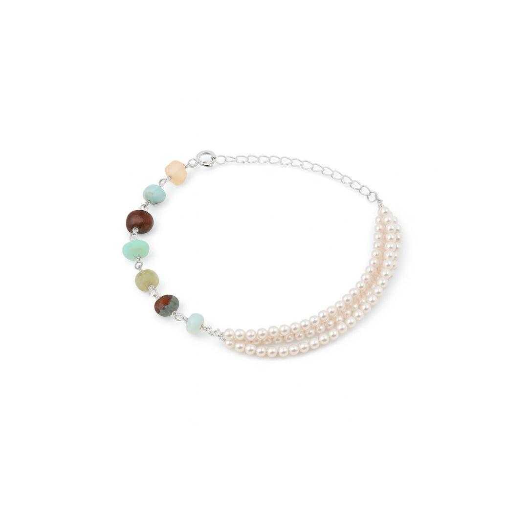 Blue Opal & Pearls Half & Half Silver Bracelet