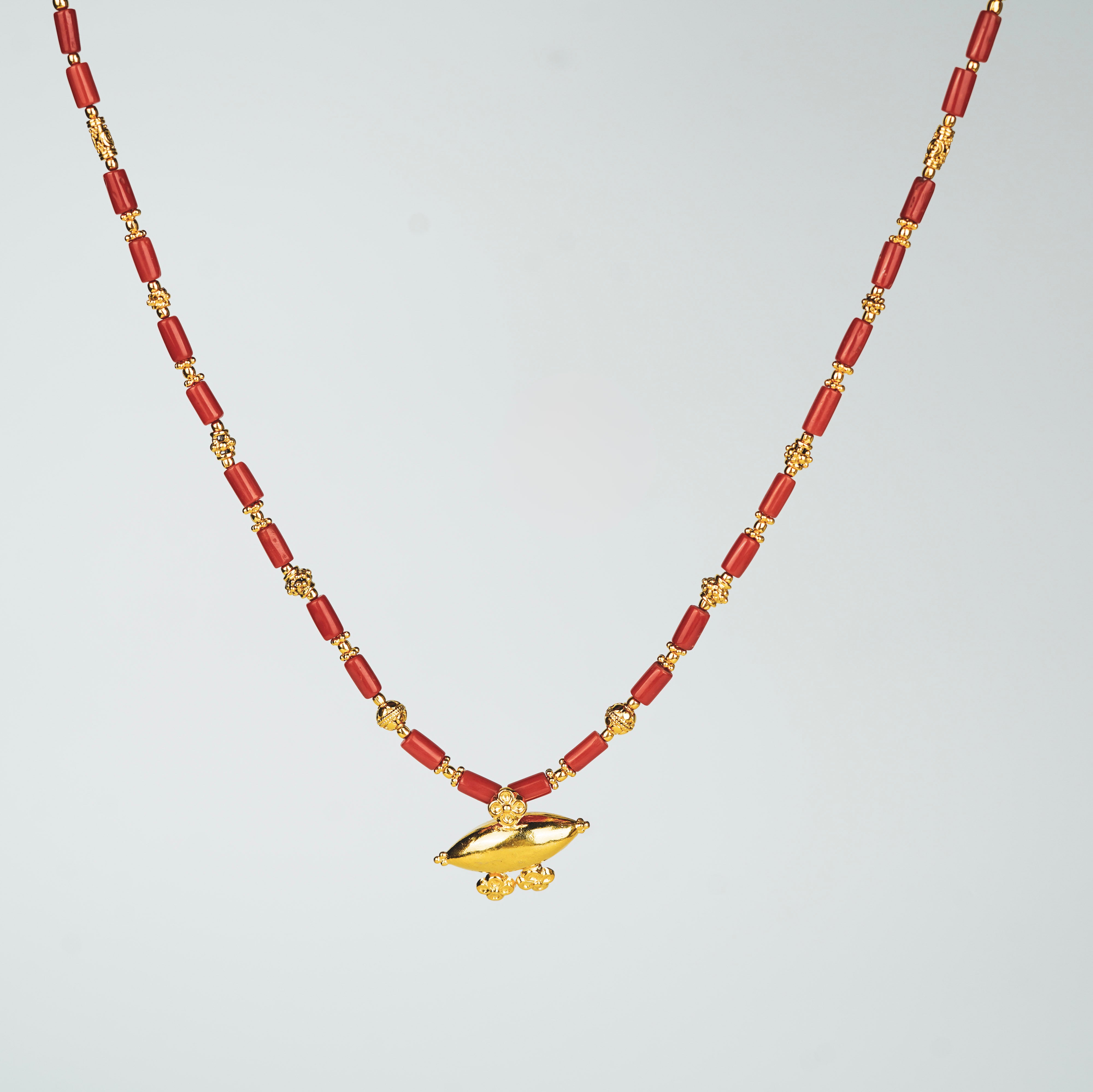 Tribal Necklace with Corals and Carved Beads | 92.5 Silver | 22K Gold Plated