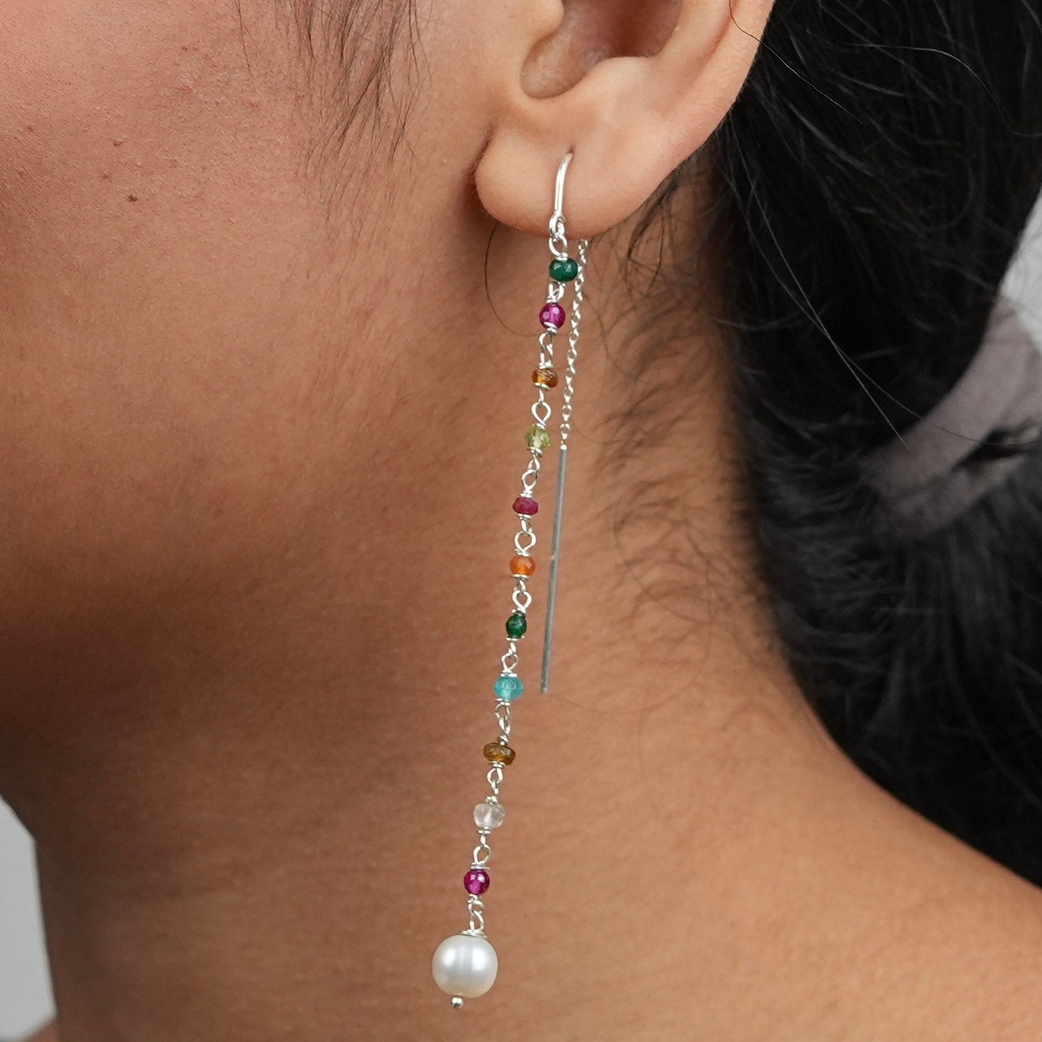 Multicolor Stone & Pearl Ganthan Sui Dhaga Earrings (Project Handmade)