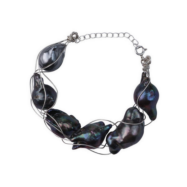 Black baroque pearl bracelet with silver wire wrapping, House of Aadyaa jewelry