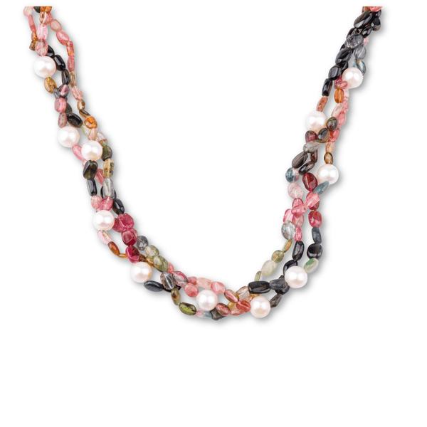 Colorful beaded necklace with pearls and tourmalines