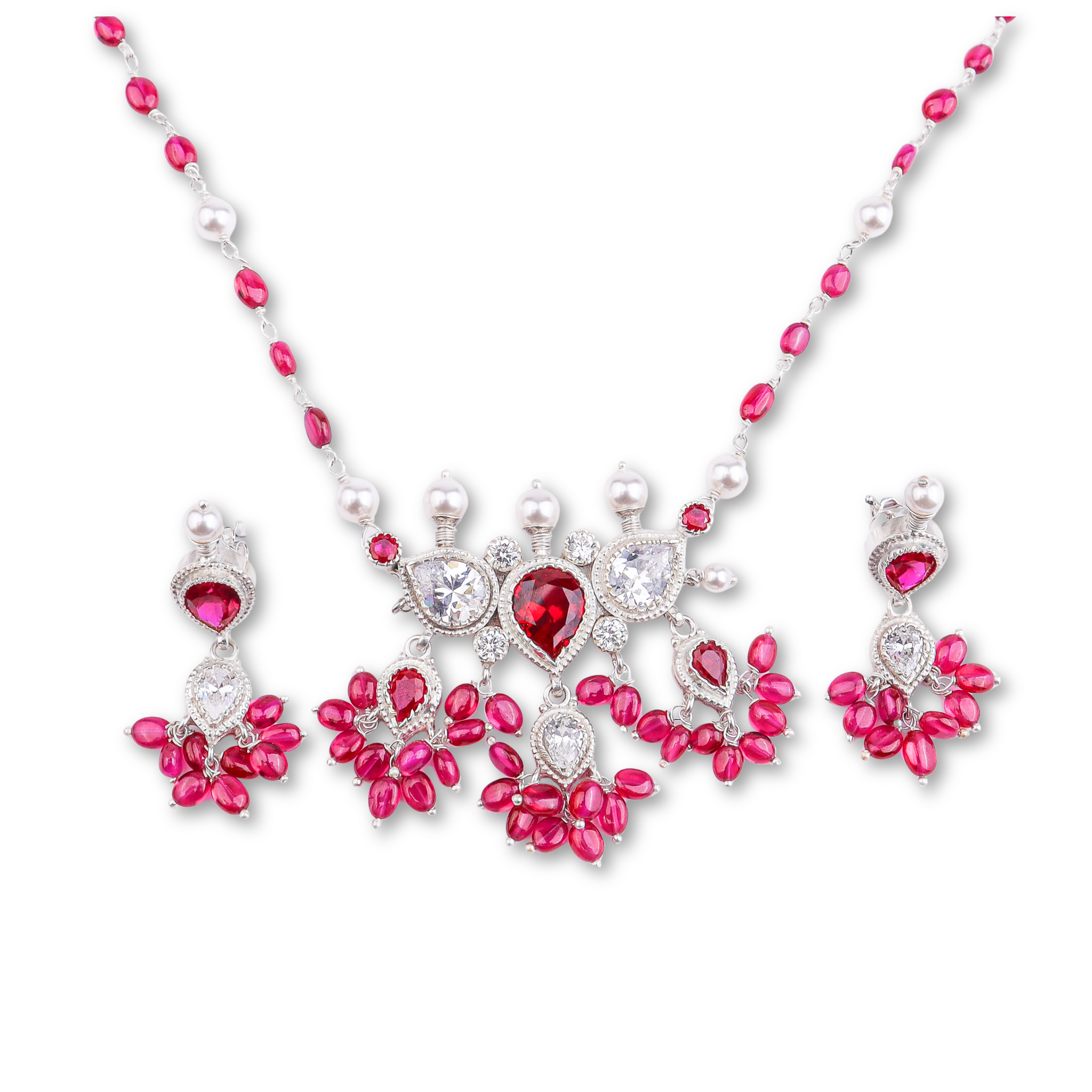 Silver CZ Tanmani Set with Rubies and Pearls