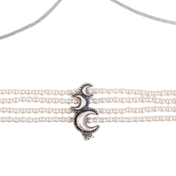 Angled side view of Chandrakor pearl choker necklace showing elegant curve and secure clasp