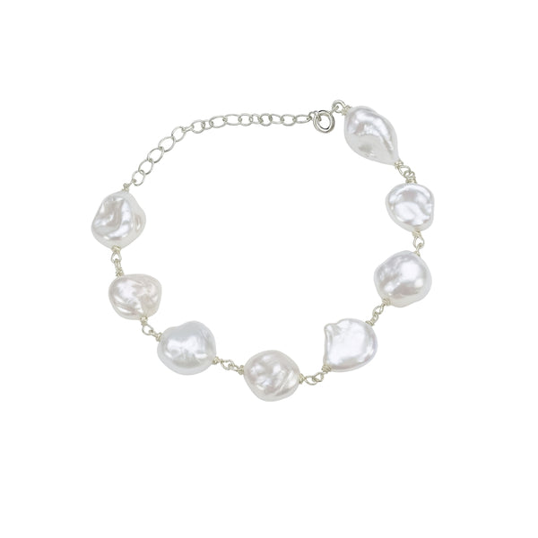 Baroque Pearl Ganthan Bracelet with irregular white pearls and silver chain