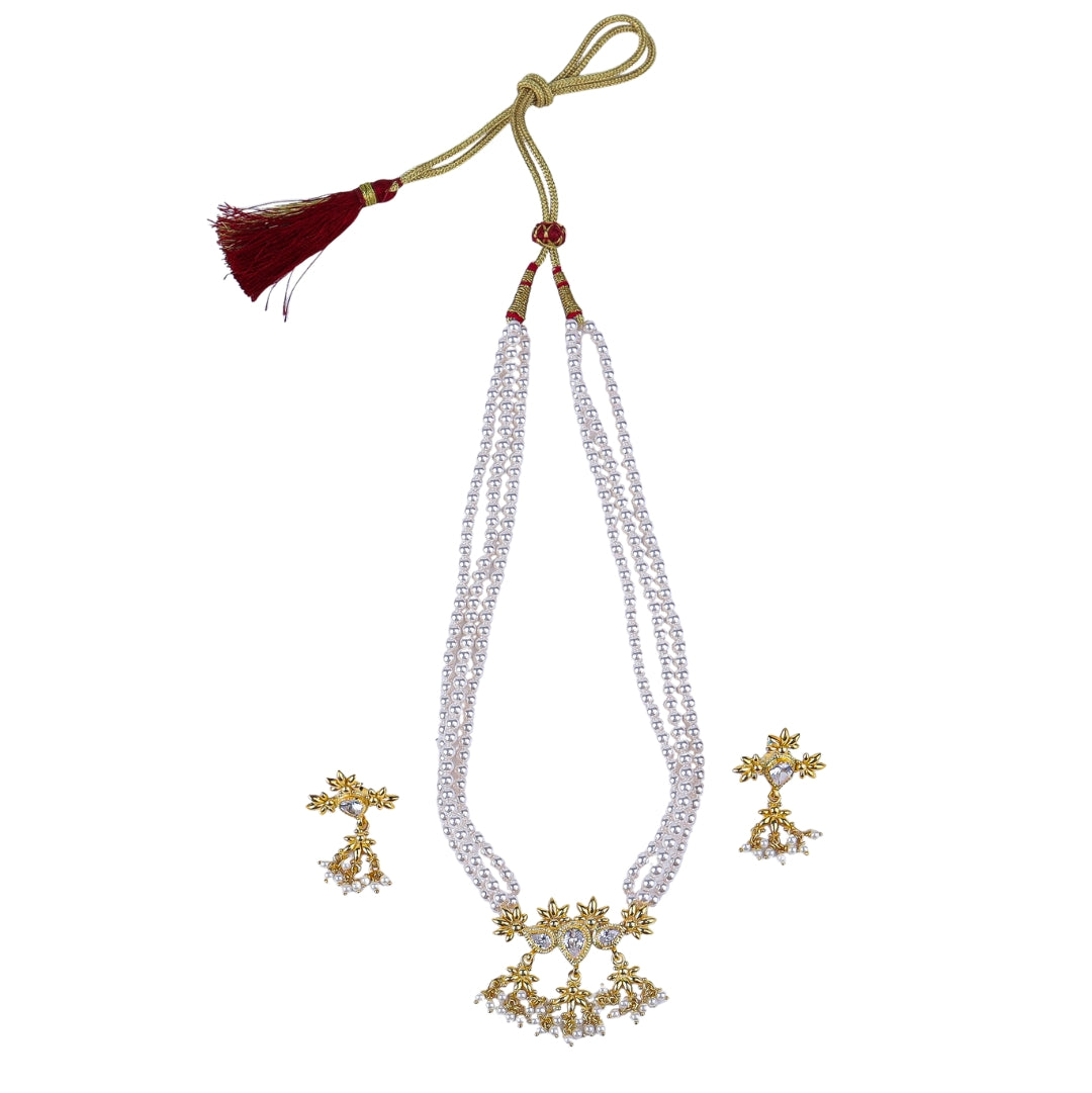 Silver Cz flower tanmani set with pearls (3 Leaf) | 92.5 Silver | 22K Gold Plated