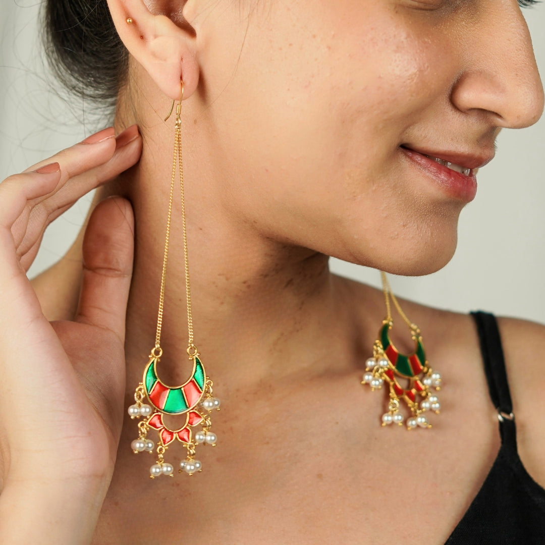 Silver Long Earrings with Meena and Pearls | 92.5 Silver | 22K Gold Plated
