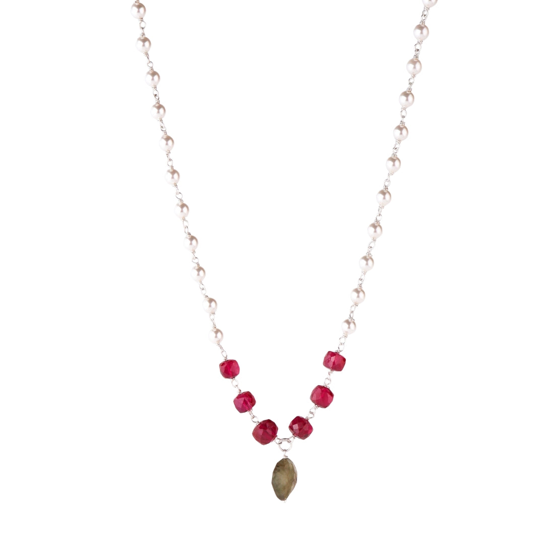 Silver pearl ganthan necklace vasonite with ruby in 92.5 sterling silver