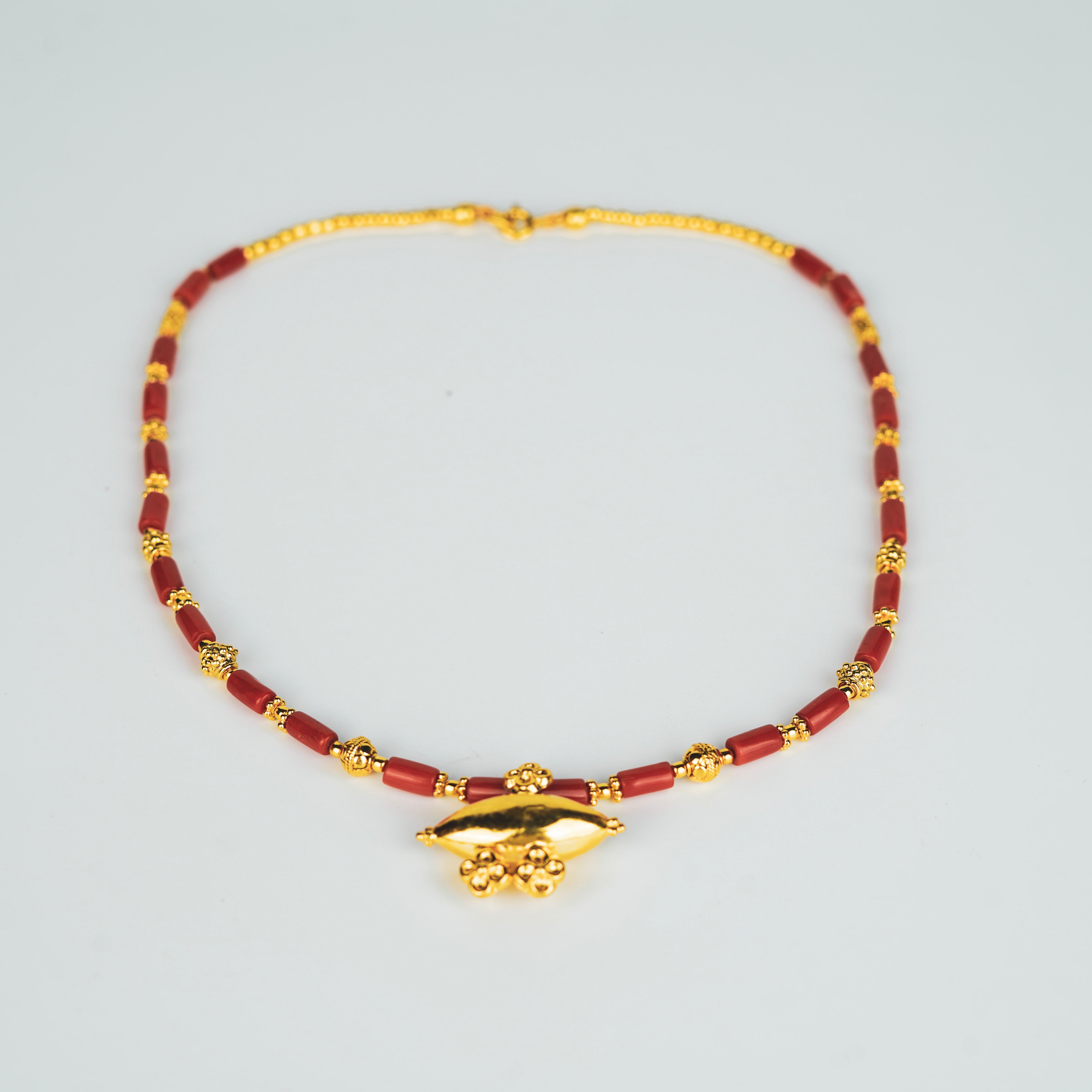 Tribal Necklace with Corals and Carved Beads | 92.5 Silver | 22K Gold Plated