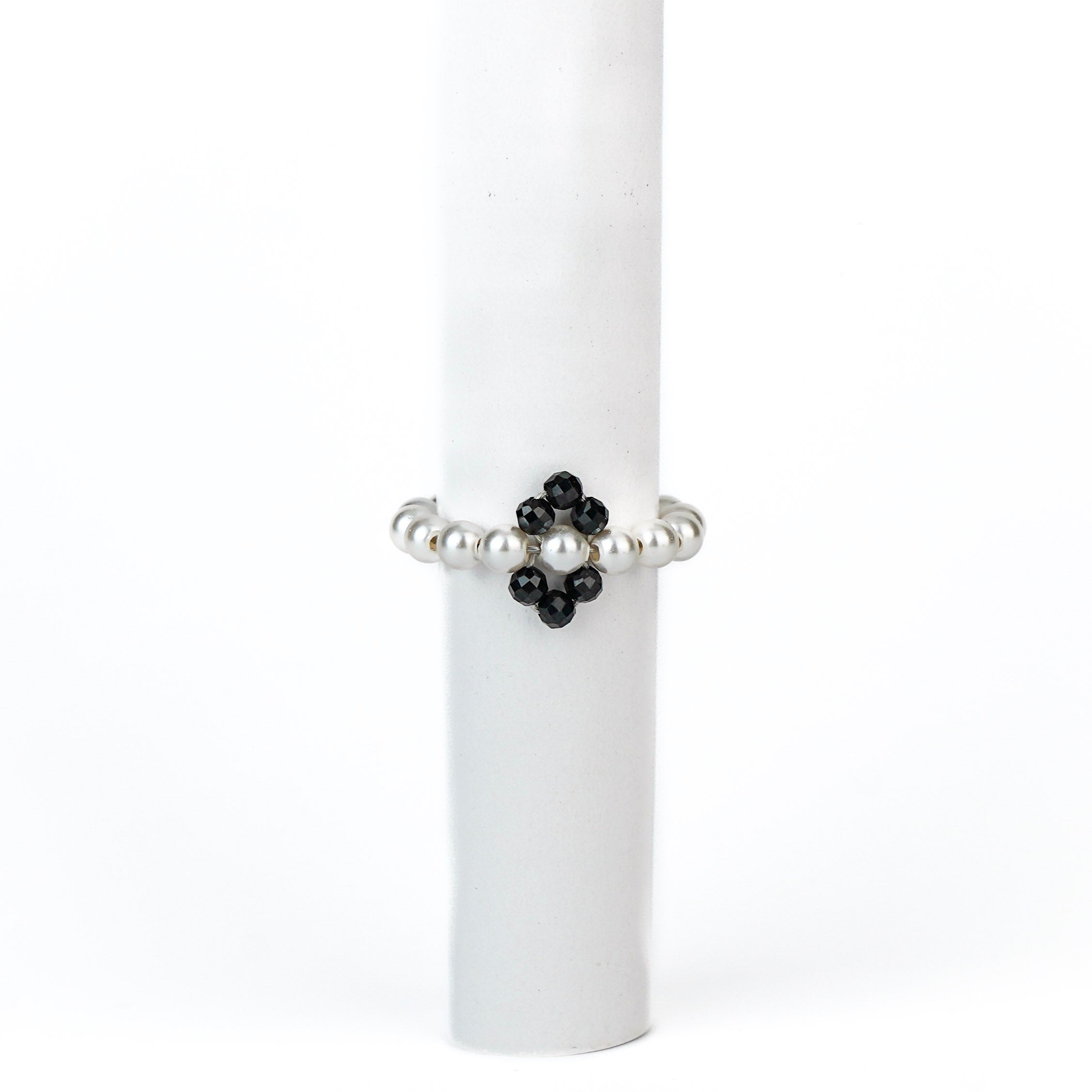Silver Pearl Ring with Black Spinel