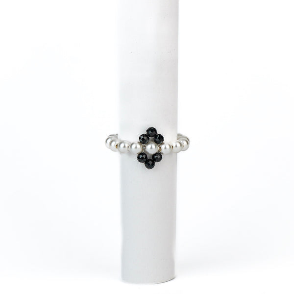 Silver Pearl Ring with Black Spinel