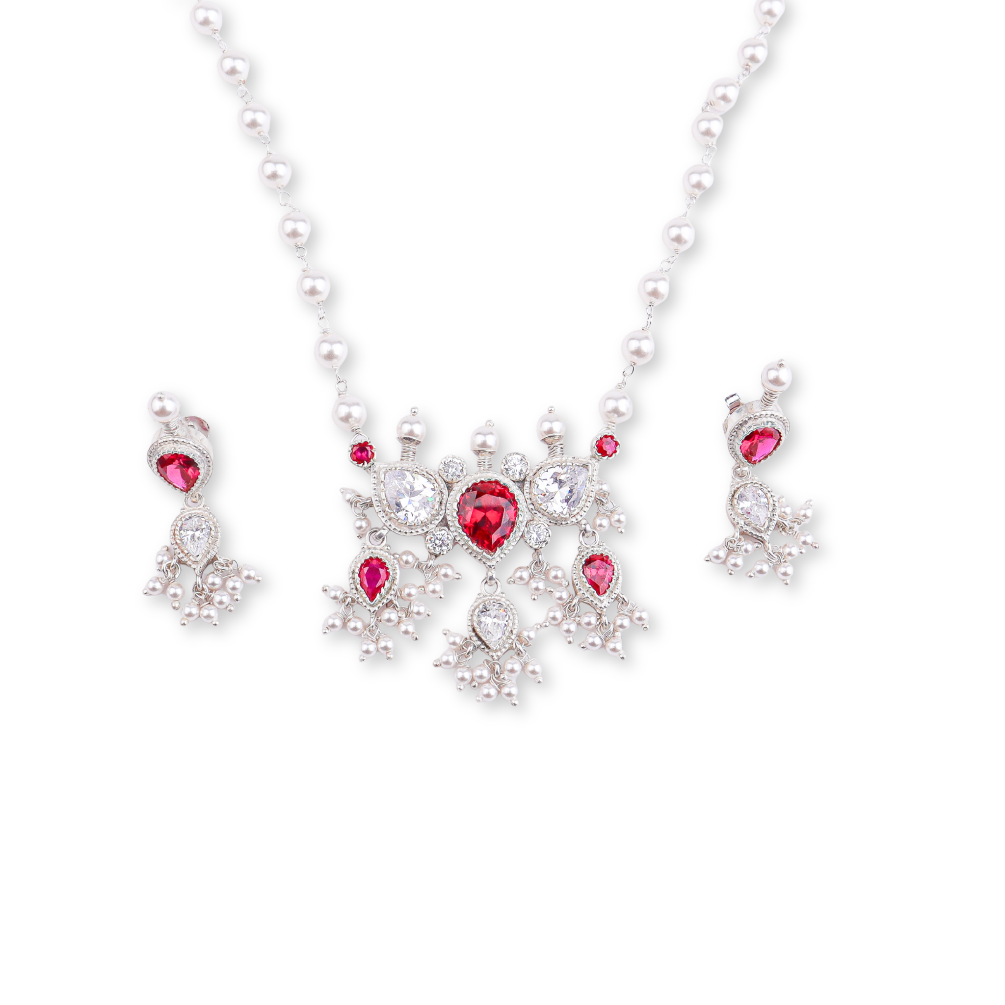 Silver Pink & White CZ Tanmani Set with Pearl Ganthan