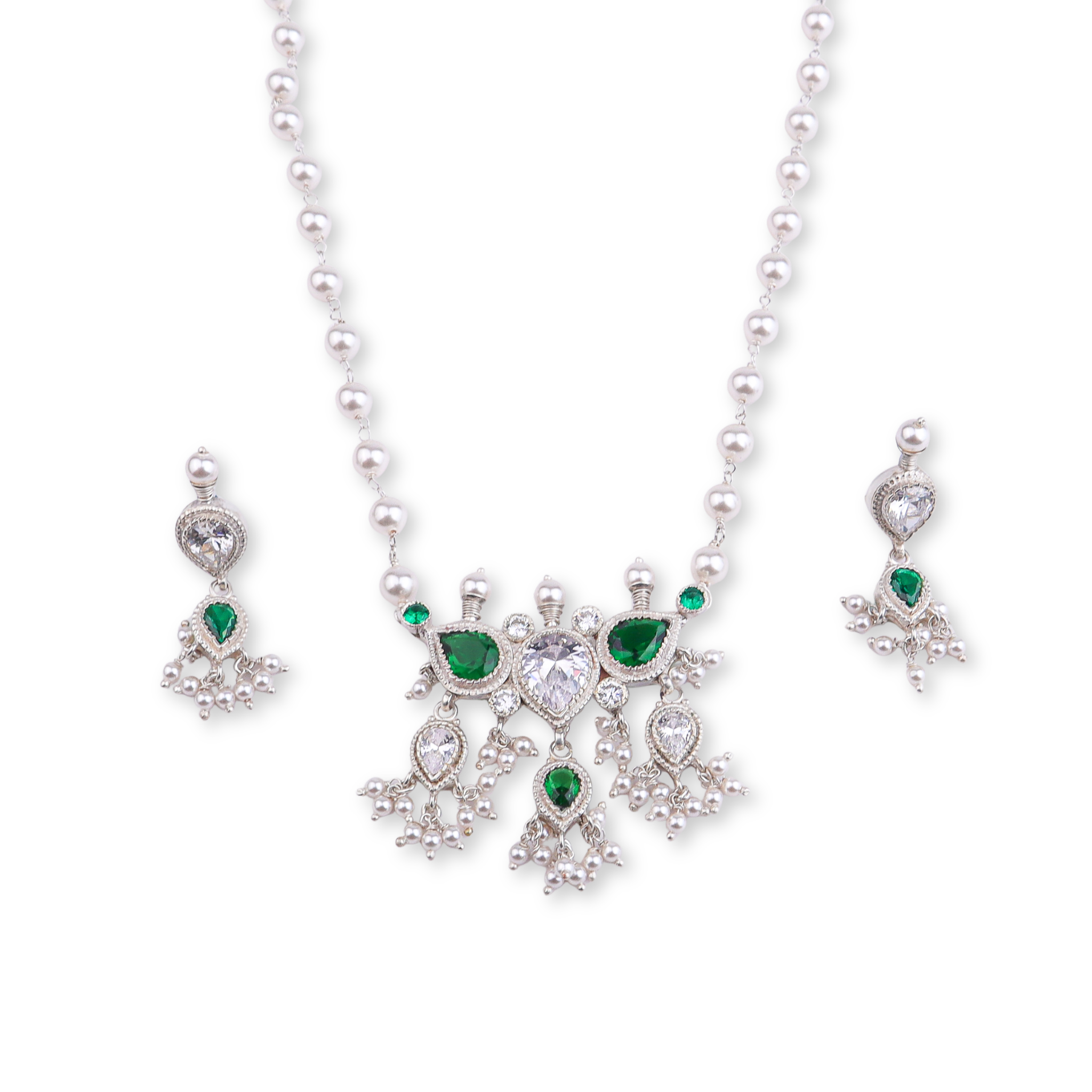 Silver Green & White CZ Tanmani Set with Pearl Ganthan
