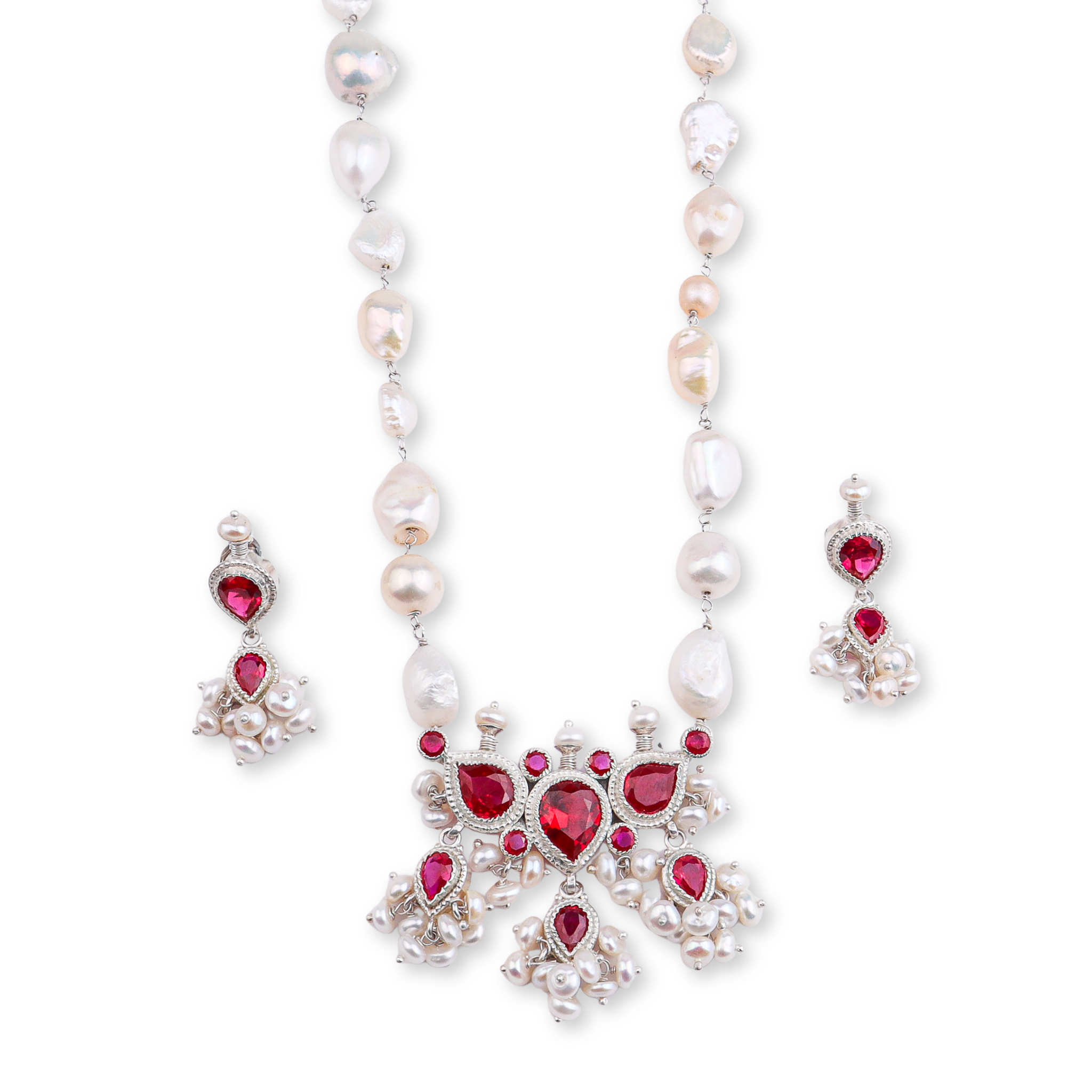 Silver Pink CZ Tanmani Set with Freshwater Pearl Ganthan