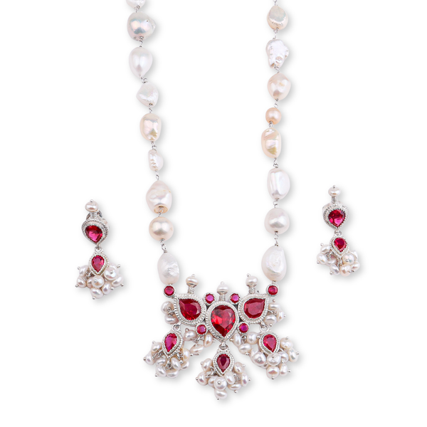 Silver Pink CZ Tanmani Set with Freshwater Pearl Ganthan