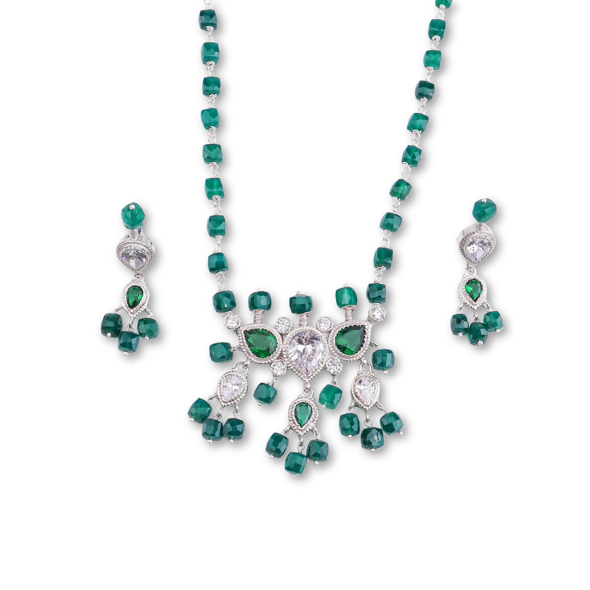 Silver CZ Tanmani Set with Green Onyx