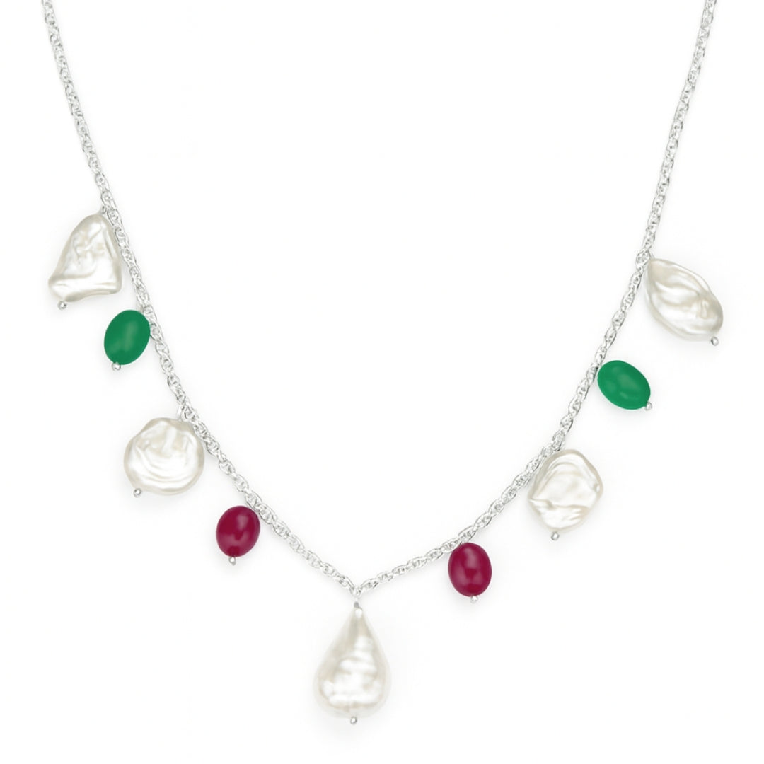 Silver Ruby, Green Onyx and Boroque Pearl Chain