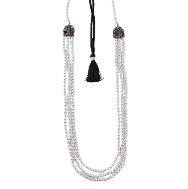 Elegant pearl layered necklace with carved findings and tassel