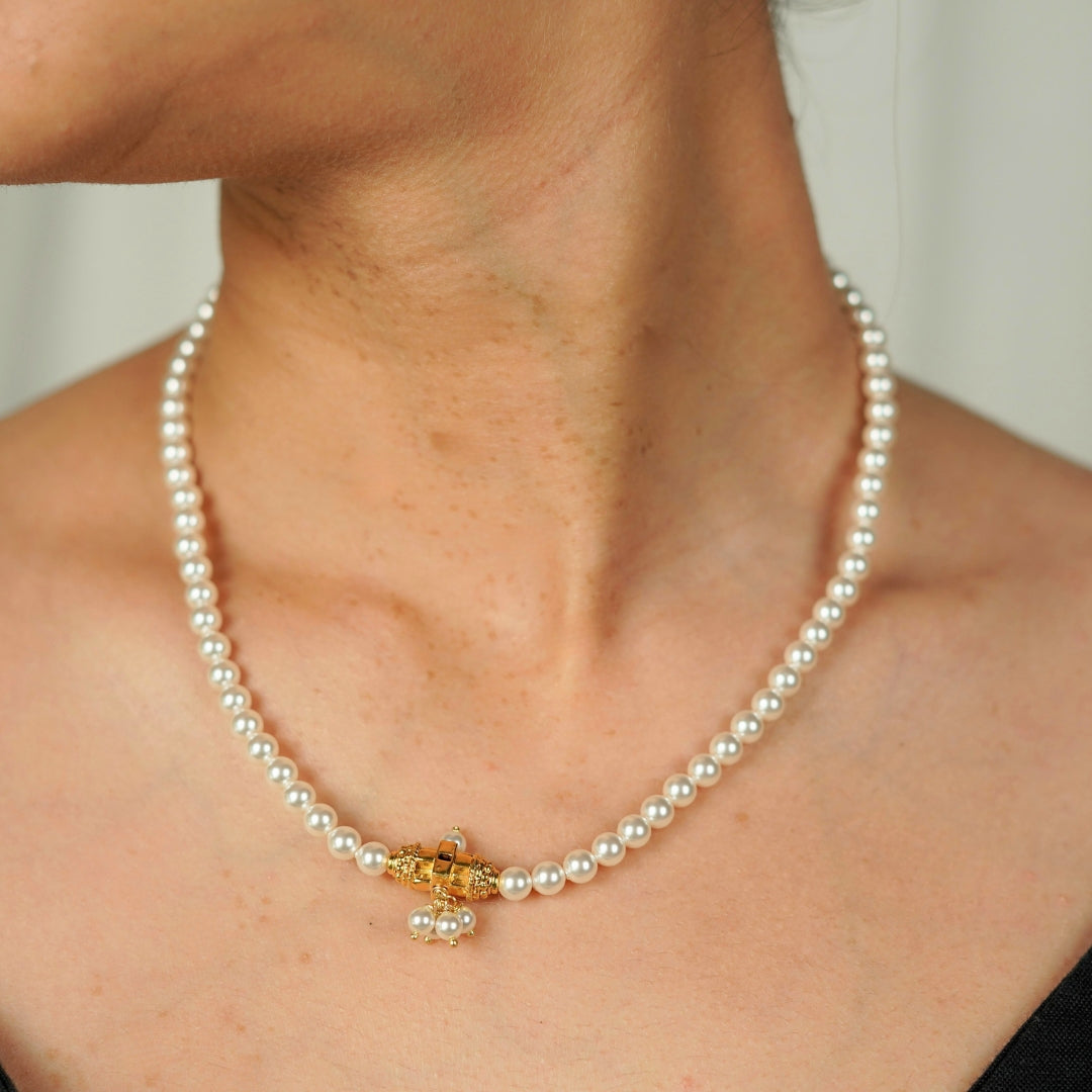 Gold plated carved bead choker with pearls | 92.5 Silver | 22k Gold plated