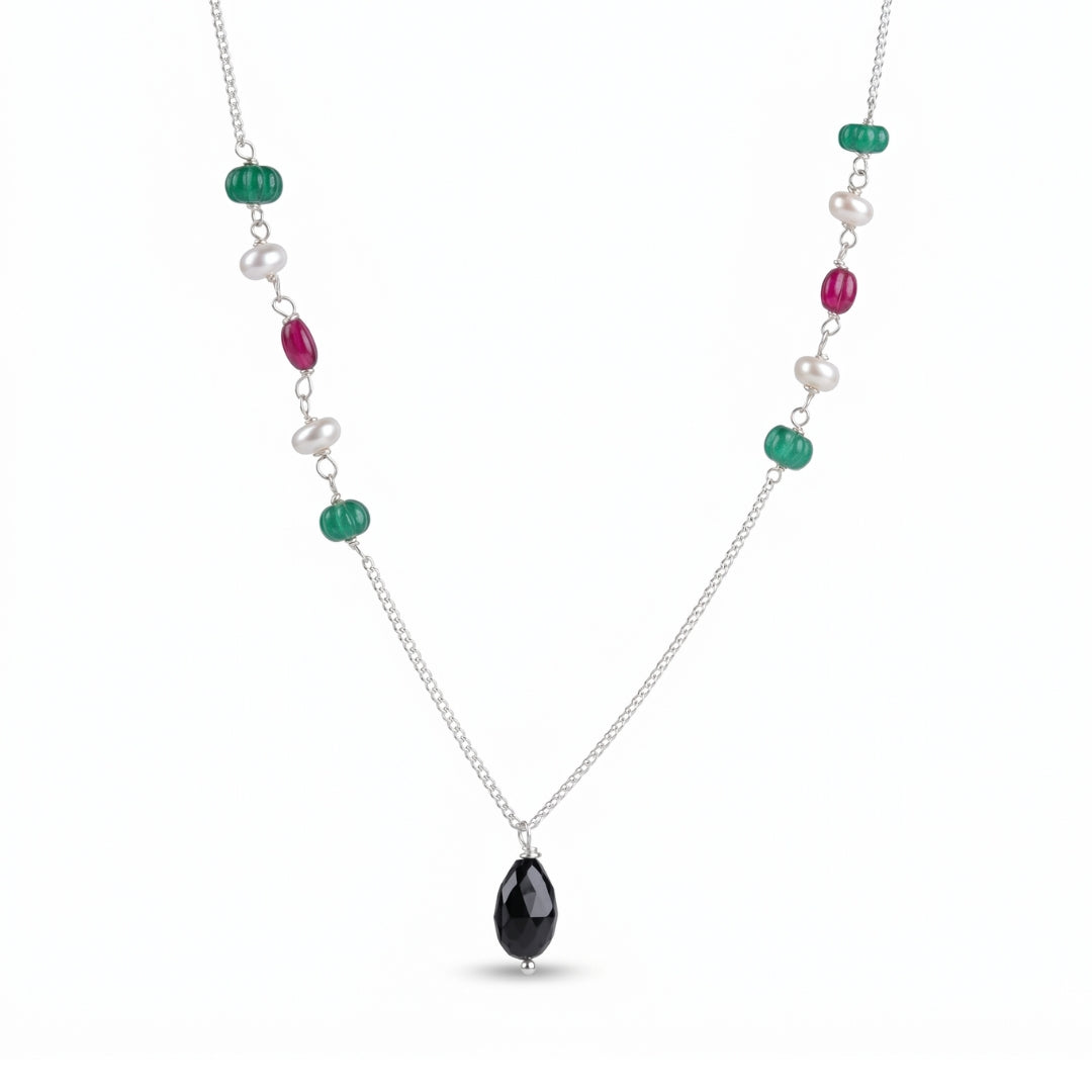Green Onyx, Pearl, Black Spinel & Rubies Silver Chain Mangalsutra (Project Handmade)