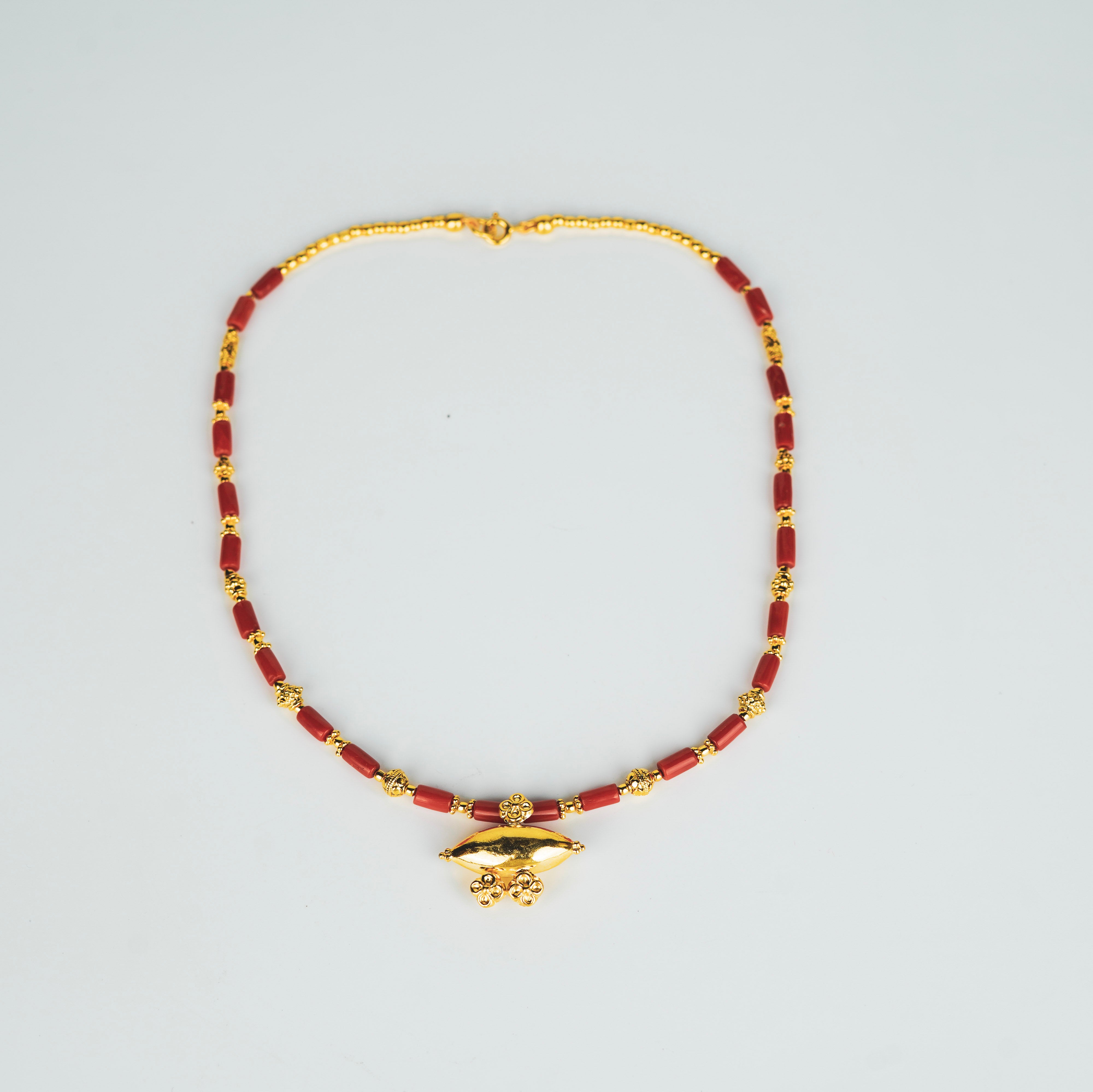 Tribal Necklace with Corals and Carved Beads | 92.5 Silver | 22K Gold Plated
