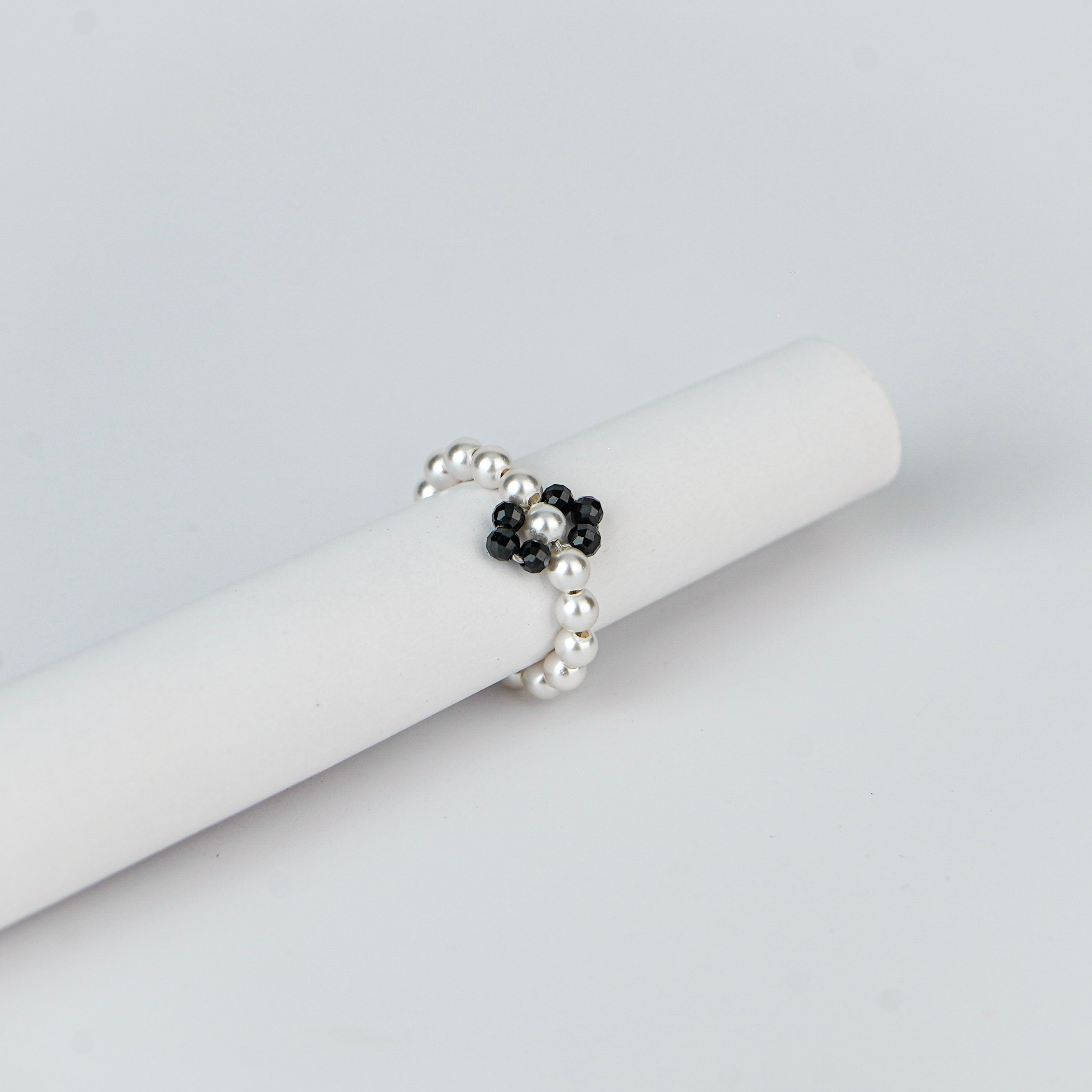 Silver Pearl Ring with Black Spinel