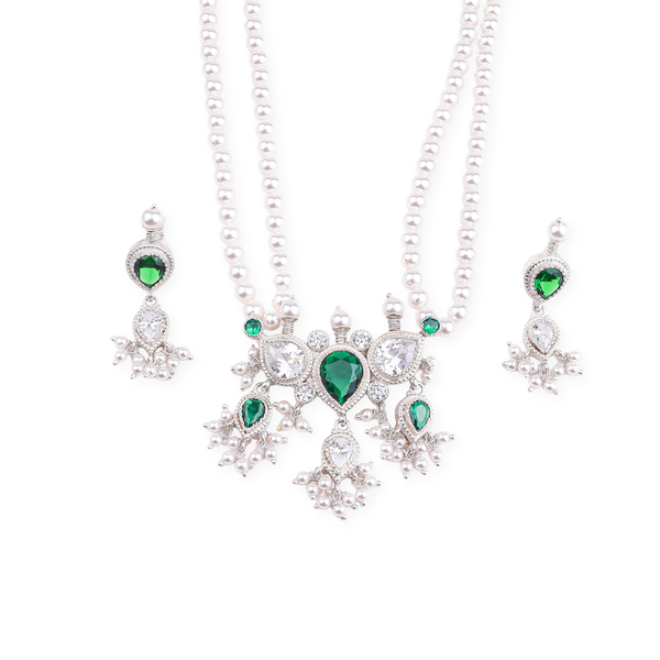 Silver Green & White CZ Tanmani Set with Pearls
