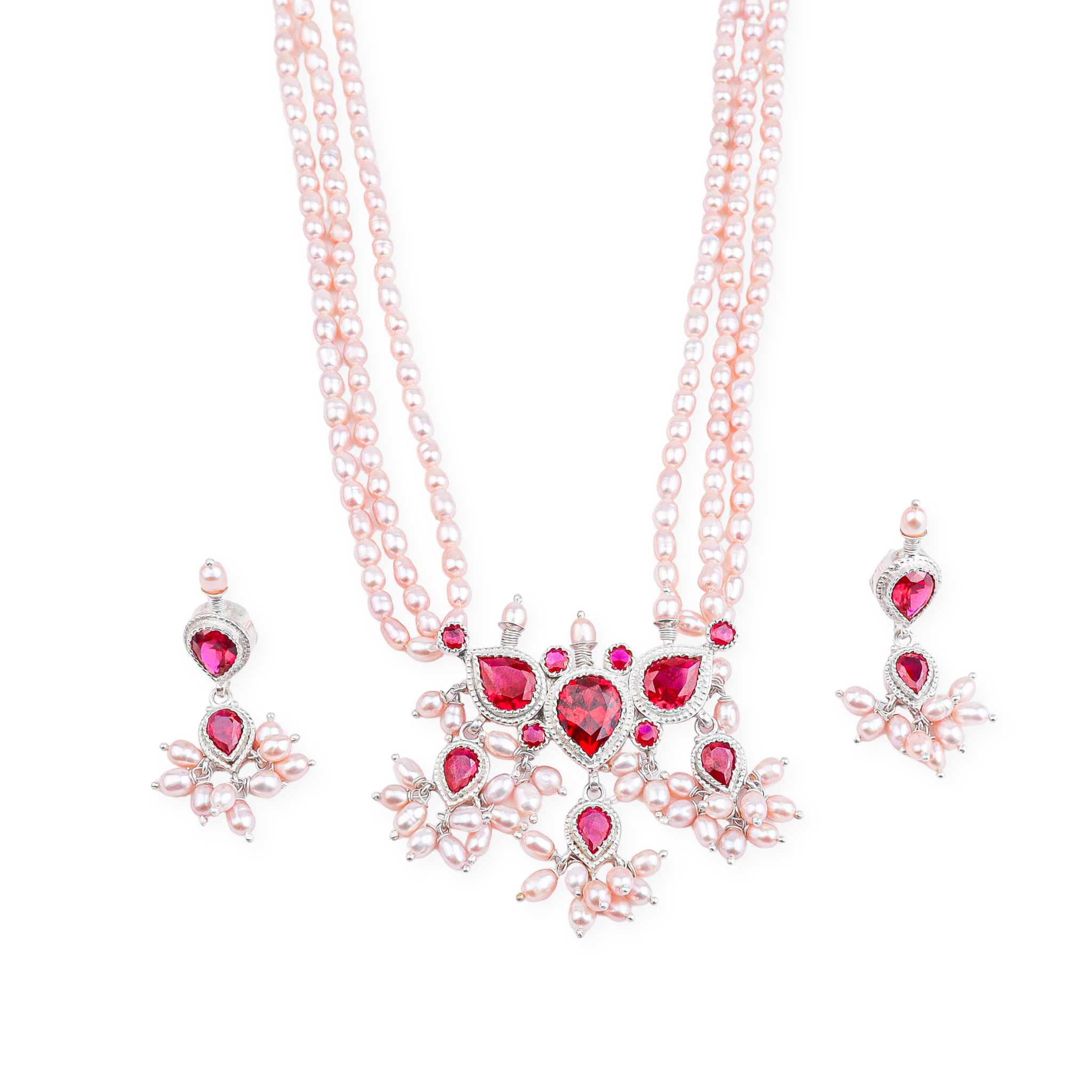 Silver CZ Tanmani Set with Freshwater Rice Pearls
