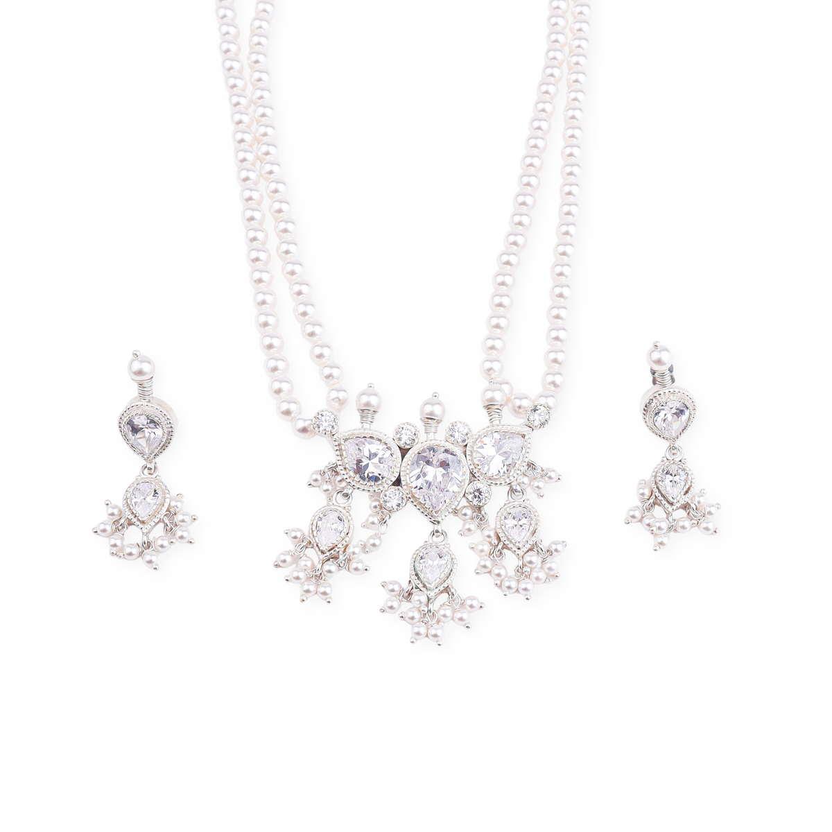 Silver White CZ Tanmani Set with Pearls | House of Aadyaa