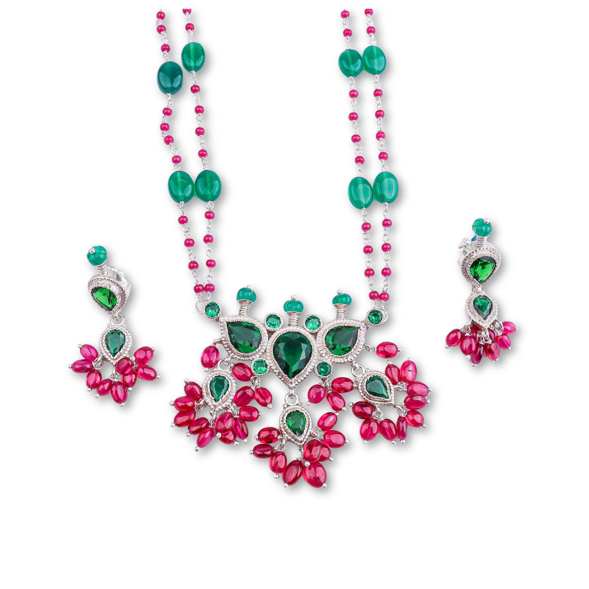 Silver Green CZ Tanmani Set with Green Onyx & Rubies