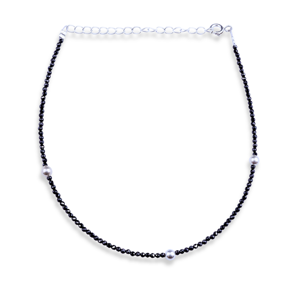 Black Spinel Anklet with Silver Beads
