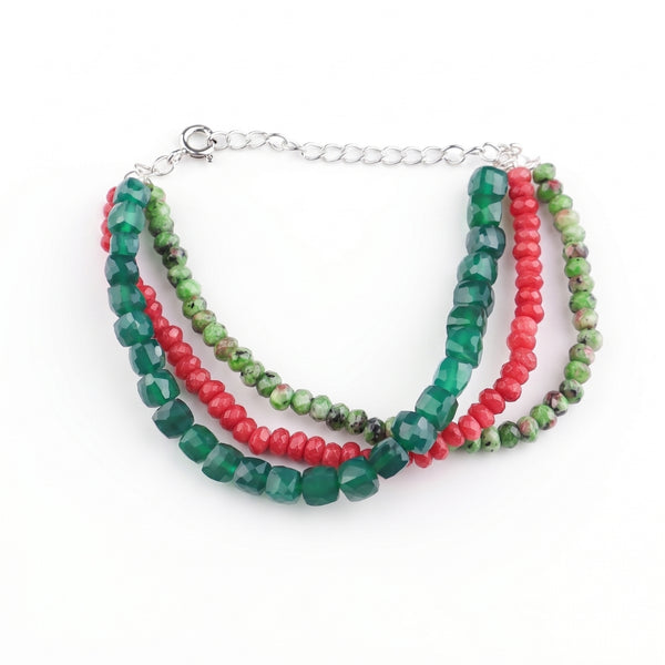 Green Onyx, Red & Green Jade Silver Bracelet (Project Handmade)
