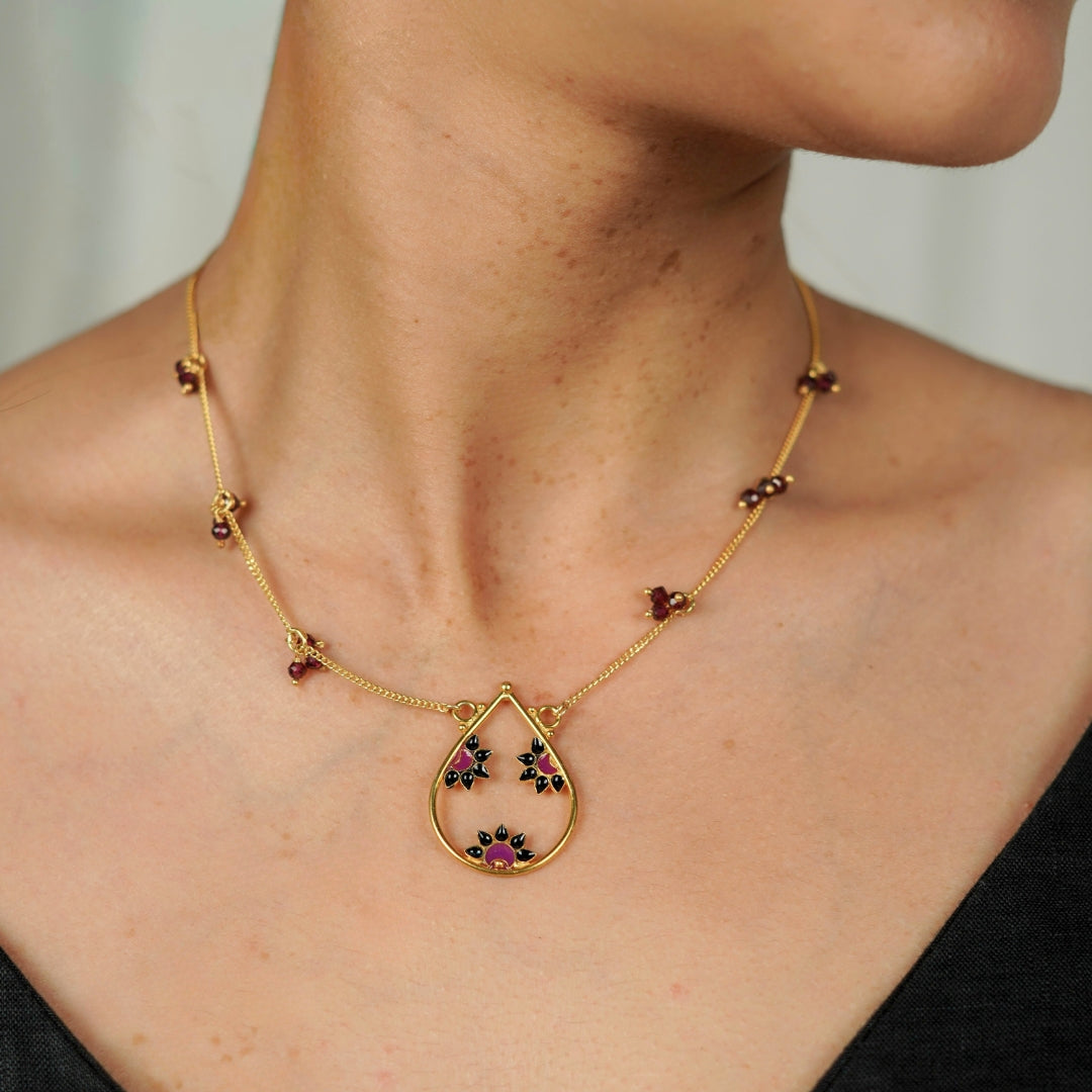 Meena Pendant Necklace with Bunch of Garnets | 92.5 Silver | Gold Plated