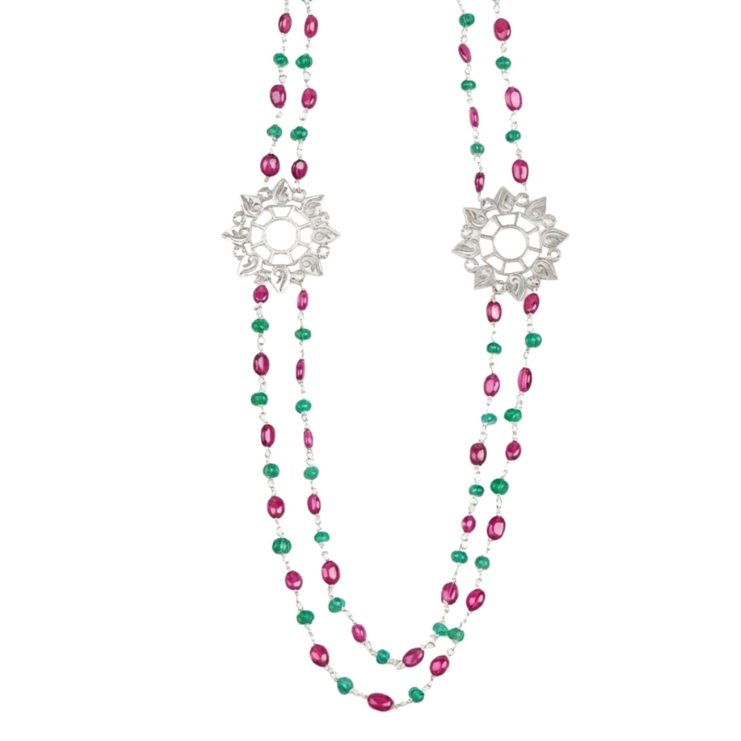 Filigree Pendant, Green Onyx, and Rubies Double Layer Necklace