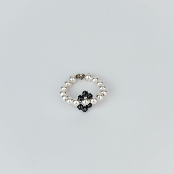 Silver Pearl Ring with Black Spinel