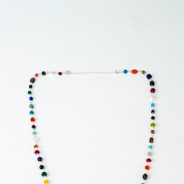 Model wearing Multicolour Ganthan 24 inch necklace