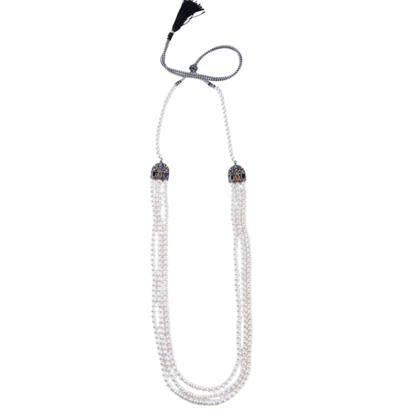 Pearl necklace with carved findings and adjustable black tassel