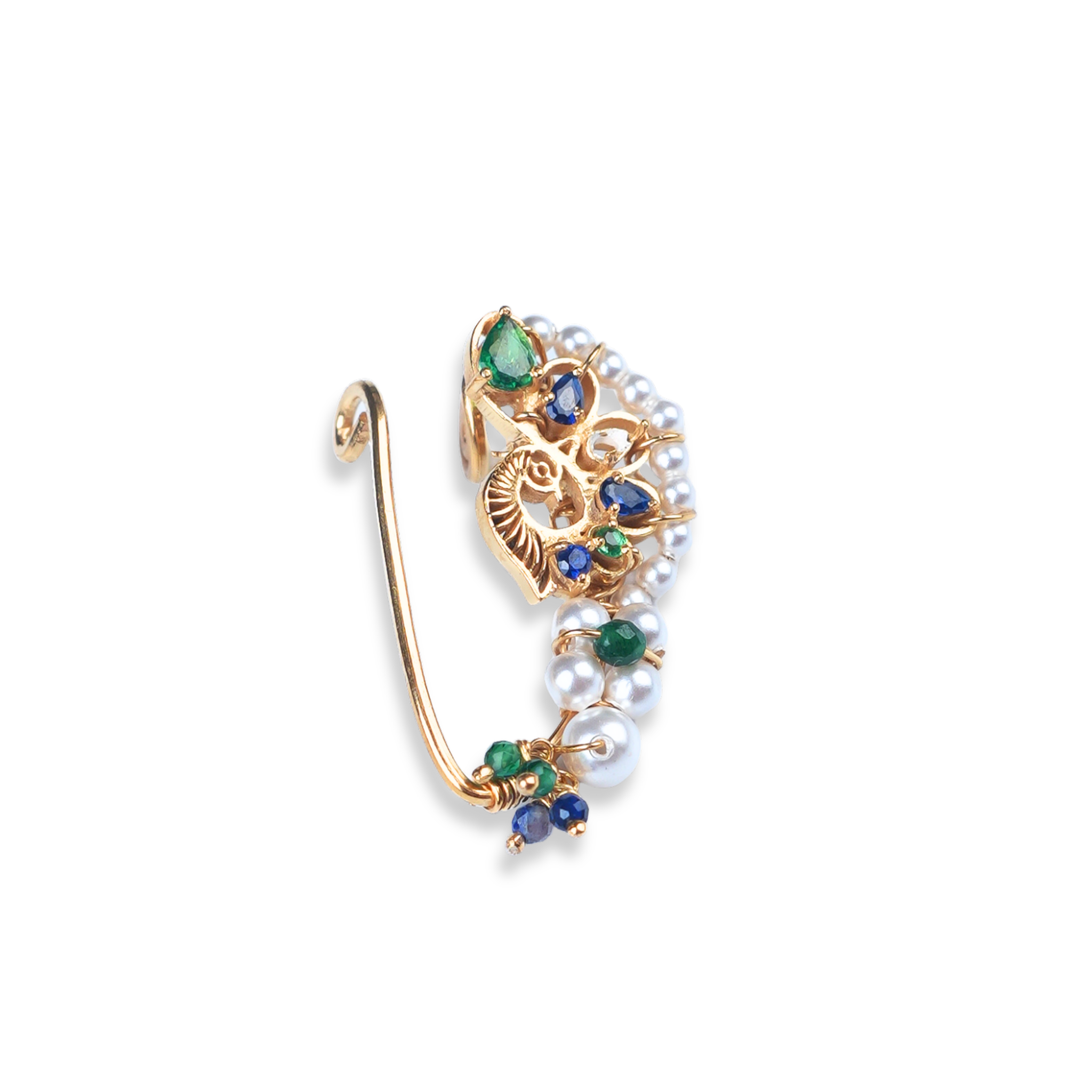 Silver Handmade Peacock Nath (Left, Clip-On) | 22K Gold-Plated