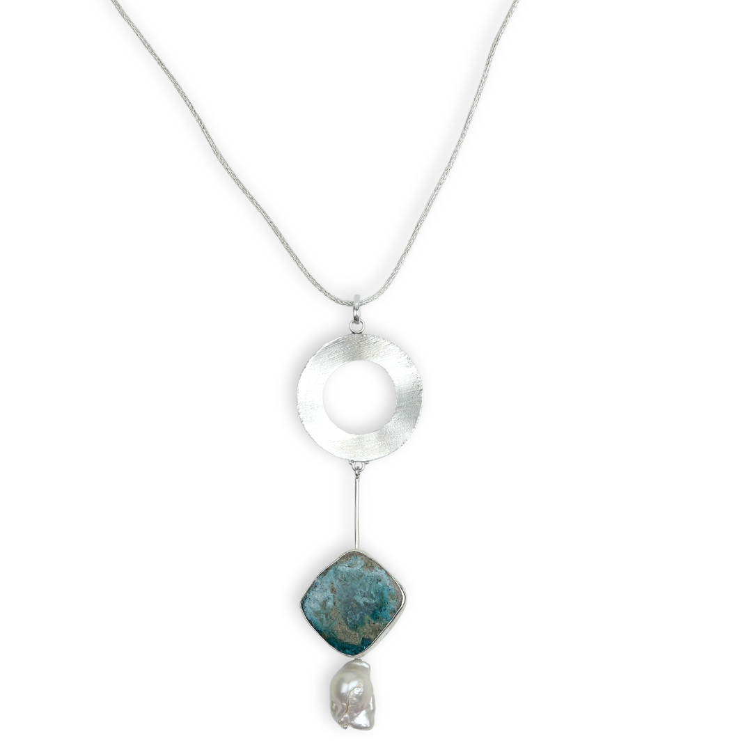 Chrysocolla and Baroque Pearl Dangle Pendant With Geometric Accent Chain Necklace