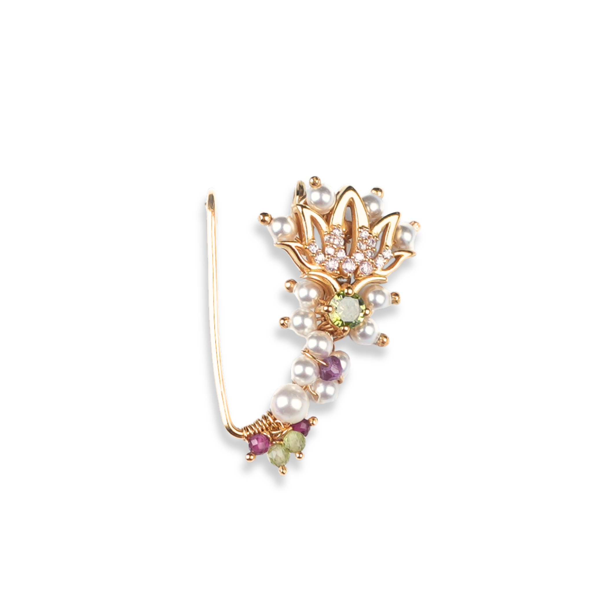 Silver Handmade Lotus Nath (Left, Clip-On) | 22K Gold-Plated