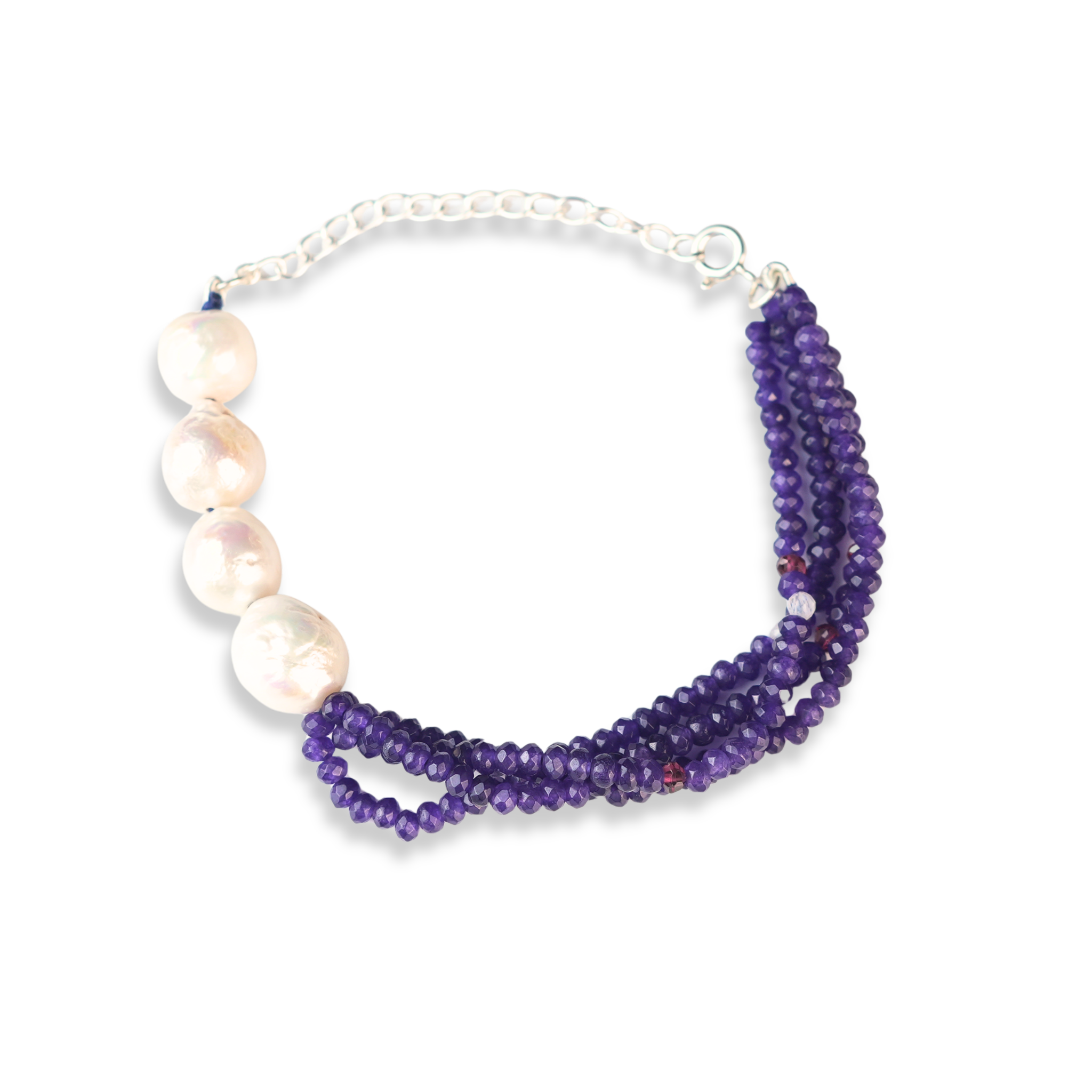 Purple Jade & Baroque Pearl Silver Bracelet (Project Handmade)