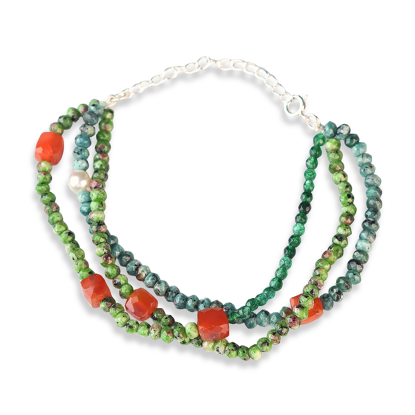 Carnelian, Green Onyx, Green Jade & Blue Jade Silver Bracelet (Project Handmade)