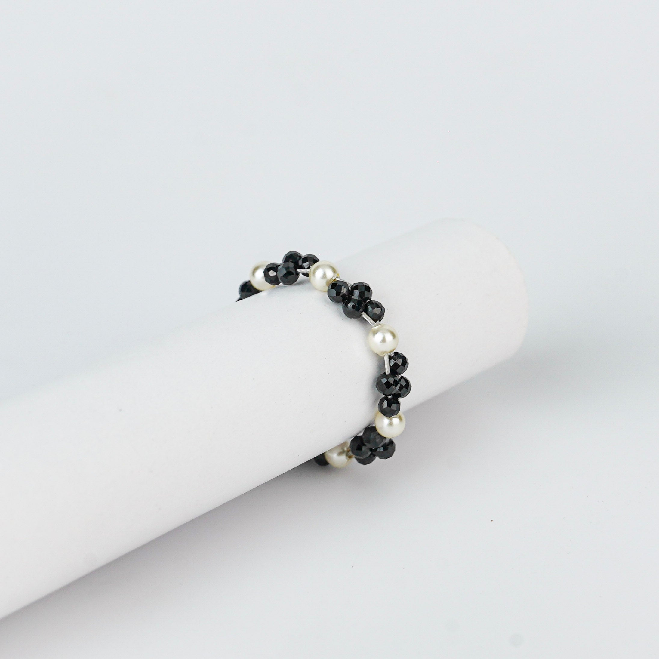 Silver Pearl Ring with Black Spinel